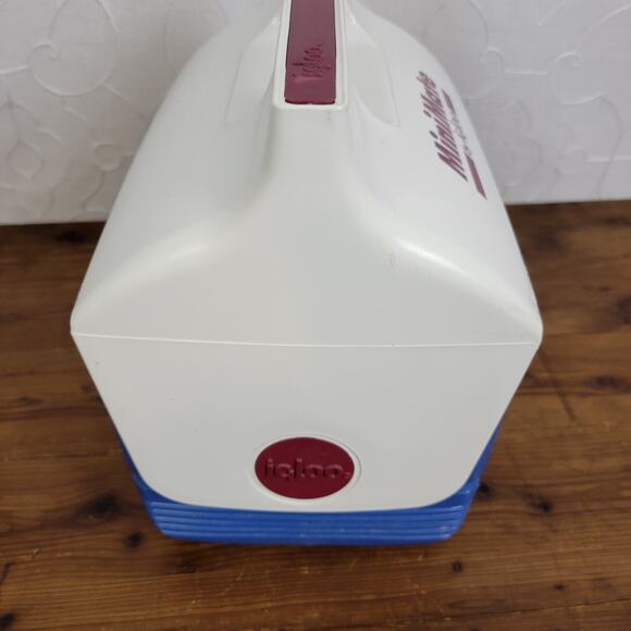 Vintage MiniMate By Igloo White Blue Purple Push Button Cooler Lunch Box - Picture 6 of 7